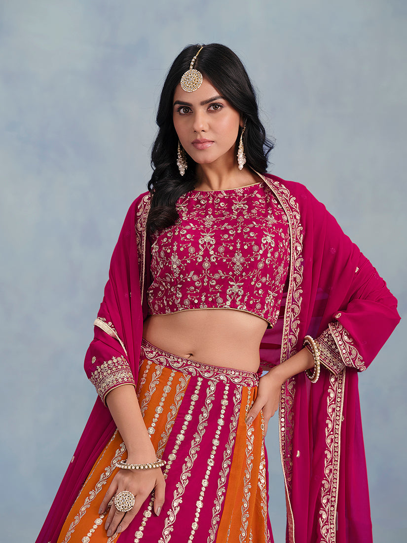 Monjolika Fashion Rani Pink Embroidered Faux Georgette Lehenga Choli | Grocsy