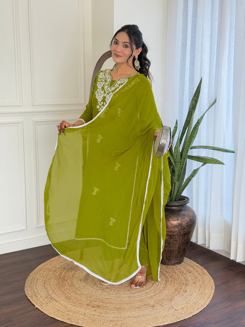 The52 Gorgeous Chikankari Work with Pure Cotton Fabric Straight Kurta, Pant and Dupatta Set | Grocsy