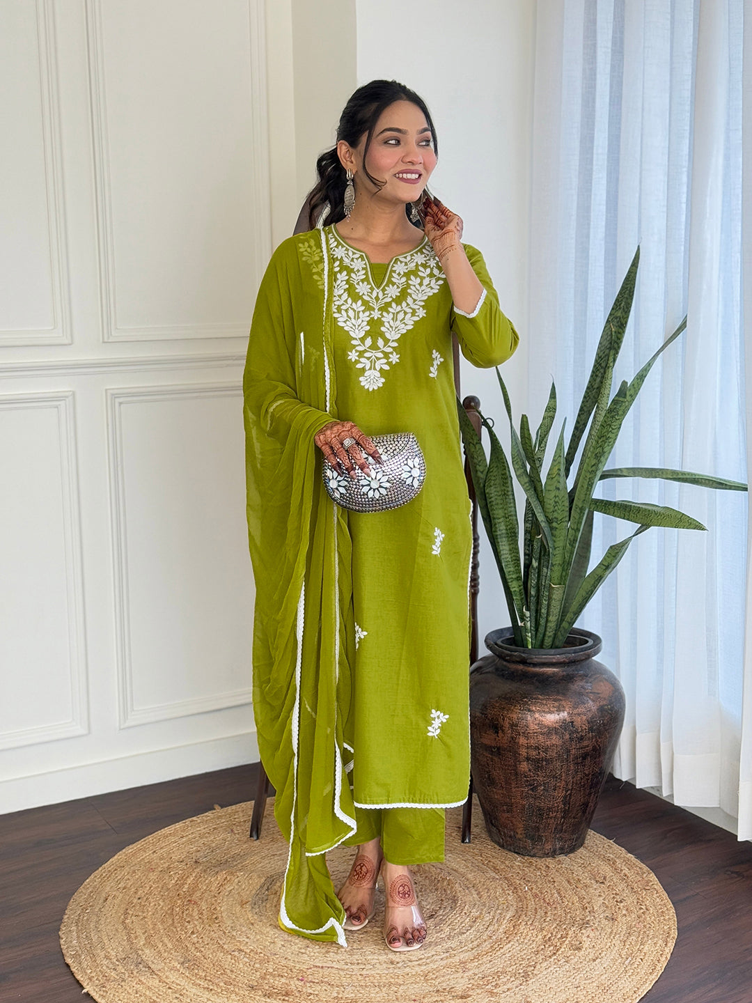 The52 Gorgeous Chikankari Work with Pure Cotton Fabric Straight Kurta, Pant and Dupatta Set | Grocsy