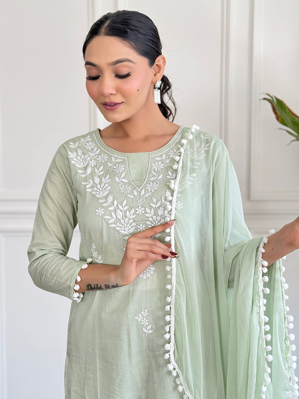 The52 Gorgeous Chikankari Work with Pure Cotton Fabric Straight Kurta, Pant and Dupatta Set | Grocsy