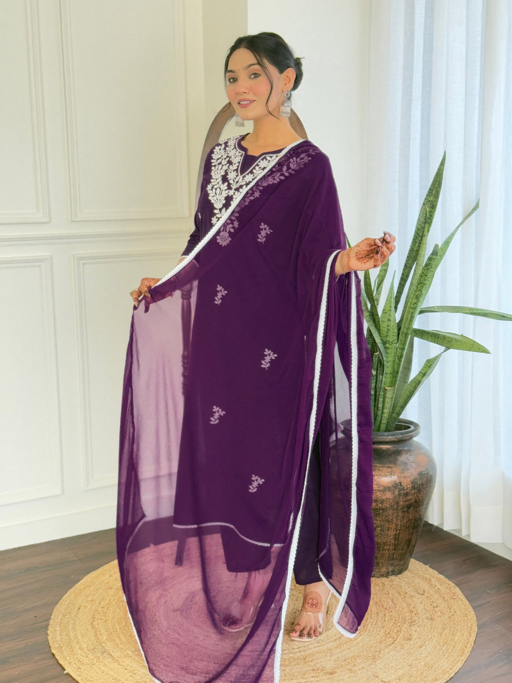 The52 Gorgeous Chikankari Work with Pure Cotton Fabric Straight Kurta, Pant and Dupatta Set | Grocsy