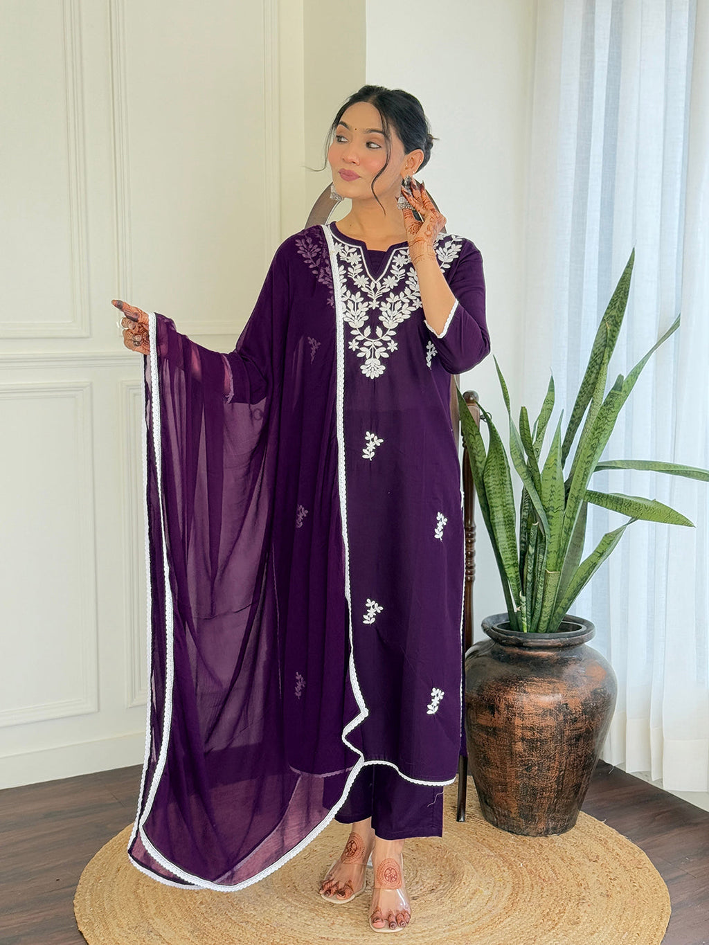 The52 Gorgeous Chikankari Work with Pure Cotton Fabric Straight Kurta, Pant and Dupatta Set | Grocsy