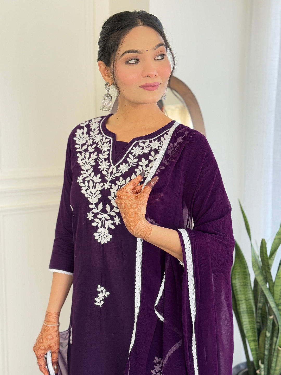 The52 Gorgeous Chikankari Work with Pure Cotton Fabric Straight Kurta, Pant and Dupatta Set | Grocsy