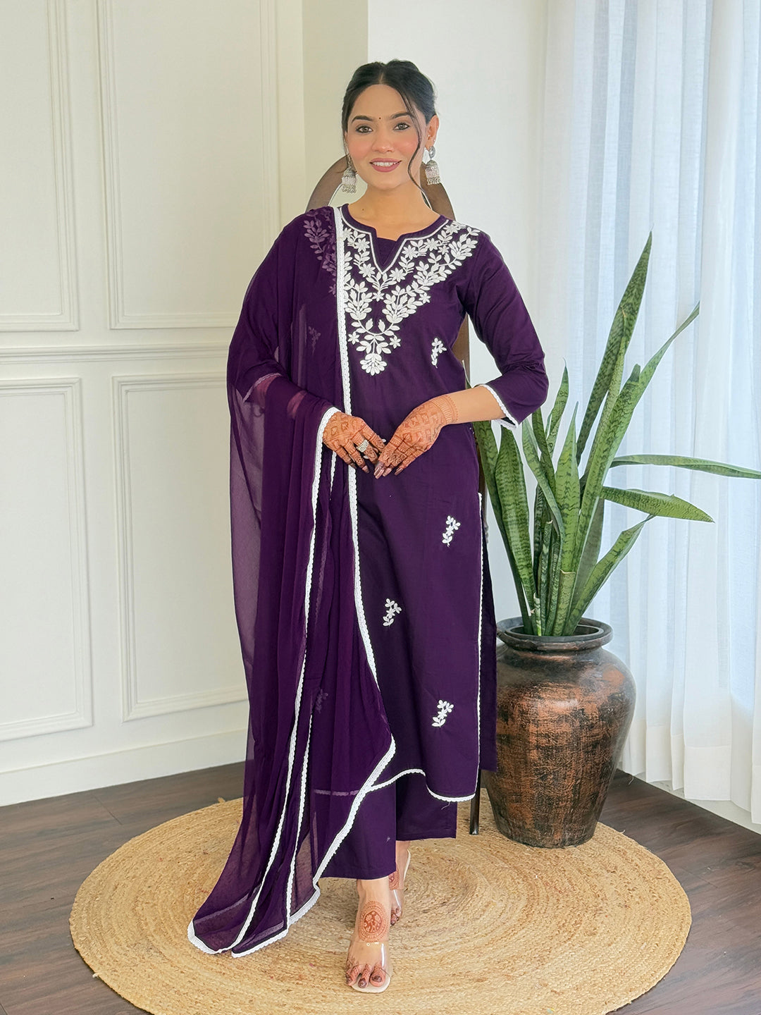 The52 Gorgeous Chikankari Work with Pure Cotton Fabric Straight Kurta, Pant and Dupatta Set | Grocsy