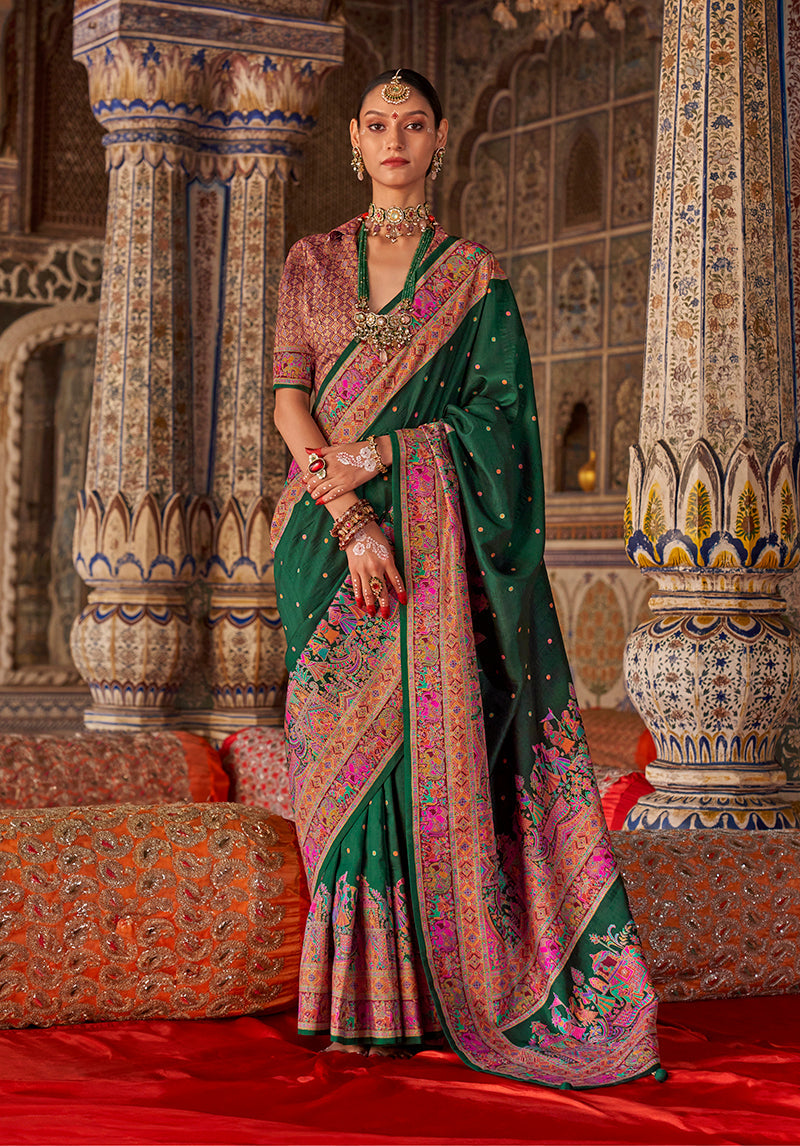 Monjolika Fashion Dark Green Printed Silk Blend Embellished Saree | Grocsy
