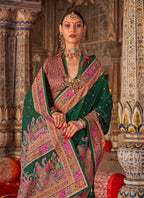 Monjolika Fashion Dark Green Printed Silk Blend Embellished Saree | Grocsy