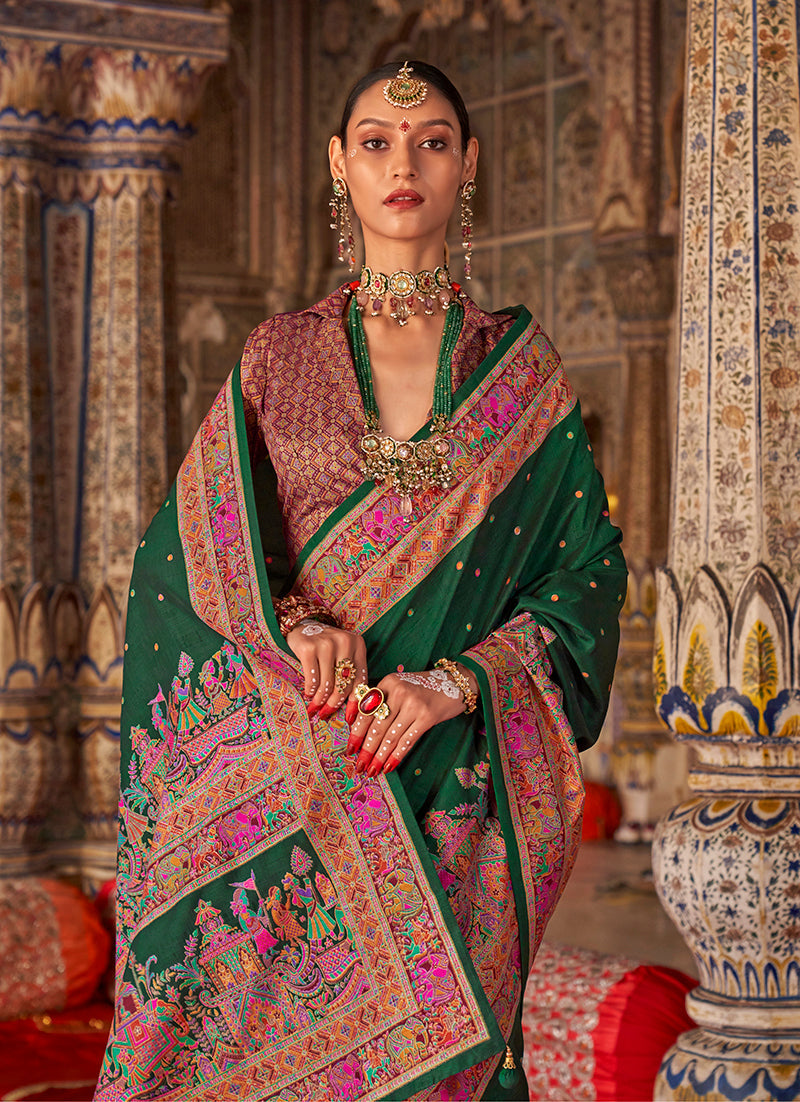 Monjolika Fashion Dark Green Printed Silk Blend Embellished Saree | Grocsy