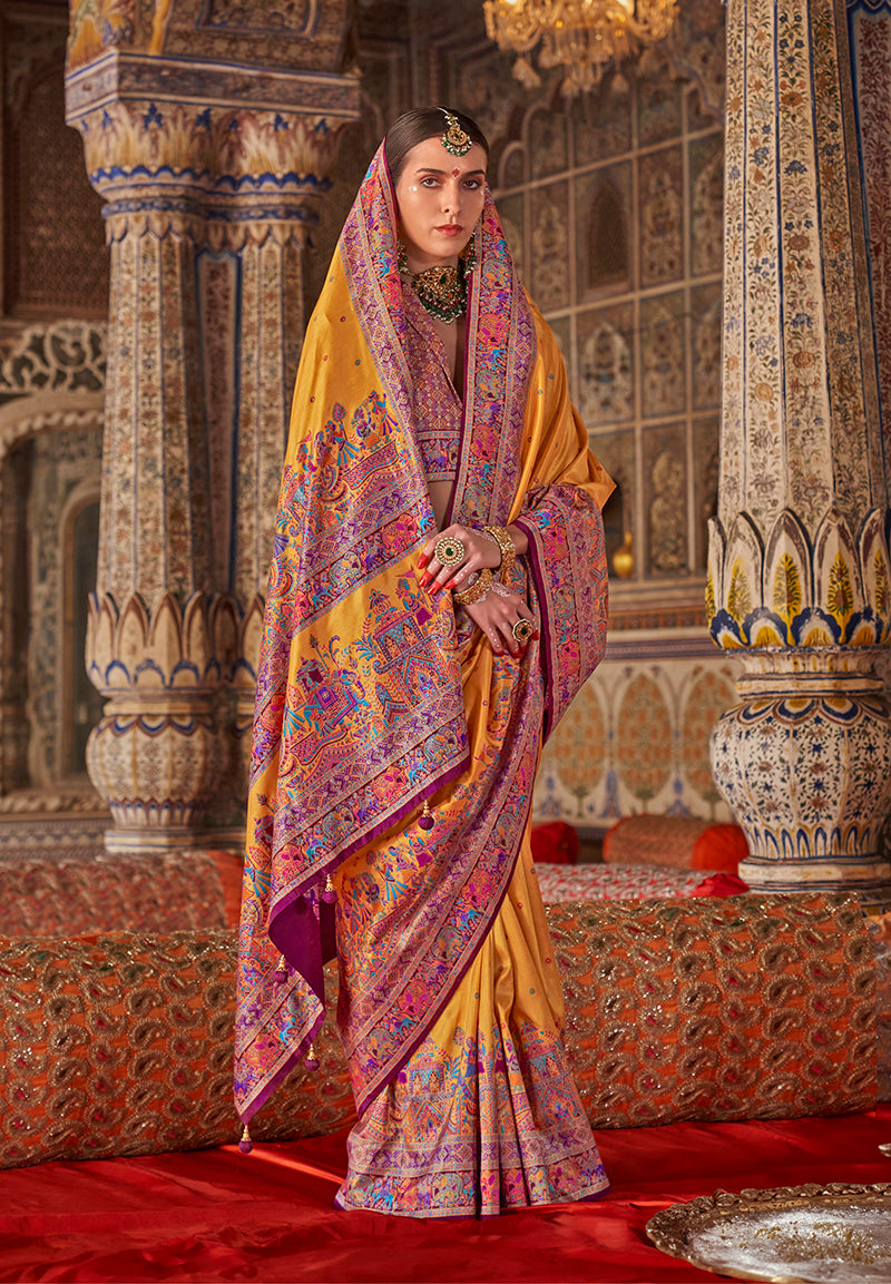 Monjolika Fashion Mustard Printed Silk Blend Embellished Saree | Grocsy
