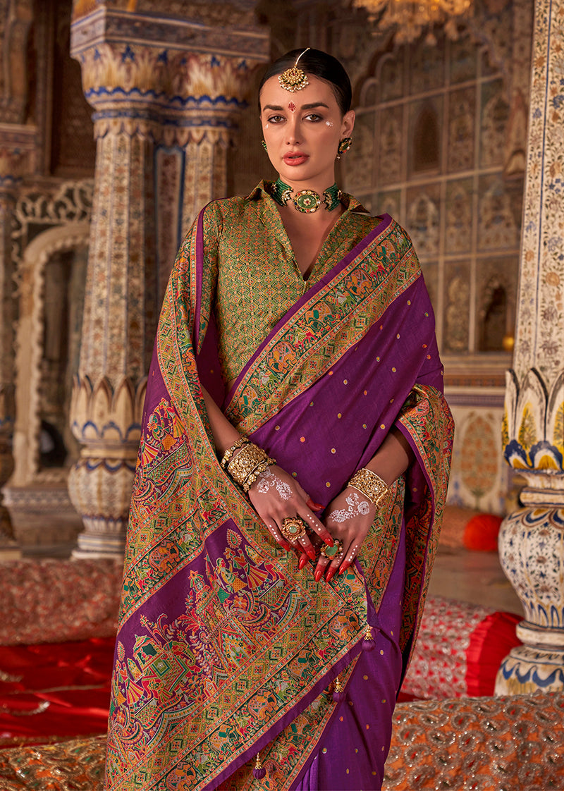 Monjolika Fashion Purple Printed Silk Blend Embellished Saree | Grocsy
