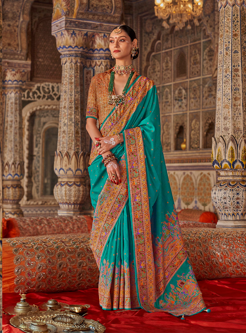 Monjolika Fashion Turquoise Printed Silk Blend Embellished Saree | Grocsy
