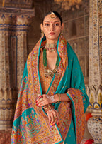 Monjolika Fashion Turquoise Printed Silk Blend Embellished Saree | Grocsy