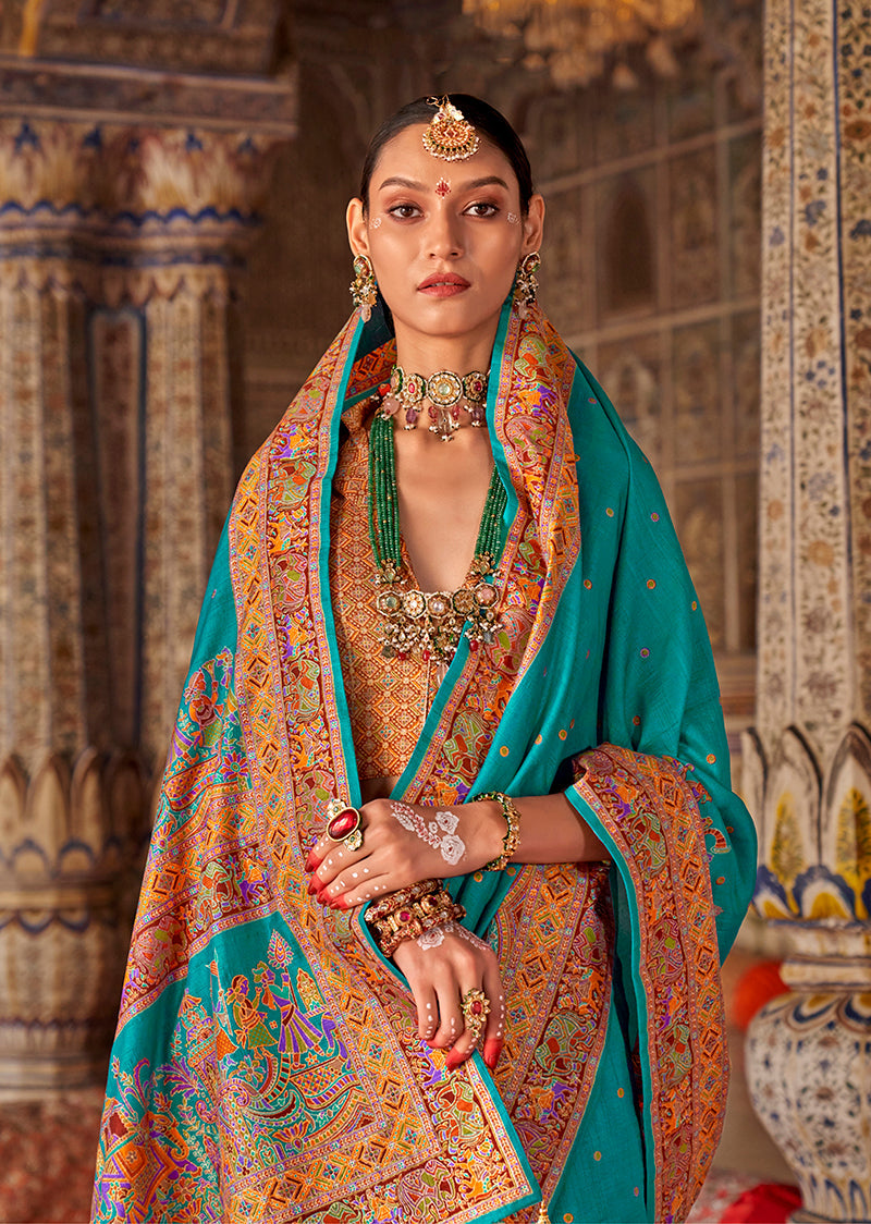 Monjolika Fashion Turquoise Printed Silk Blend Embellished Saree | Grocsy