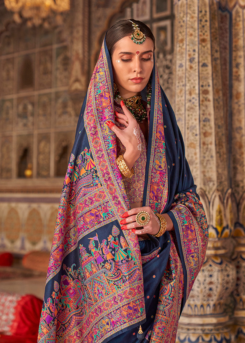 Monjolika Fashion Navy Blue Printed Silk Blend Embellished Saree | Grocsy