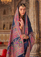 Monjolika Fashion Navy Blue Printed Silk Blend Embellished Saree | Grocsy