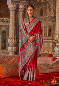 Monjolika Fashion Crimson Red Printed Silk Blend Embellished Saree | Grocsy