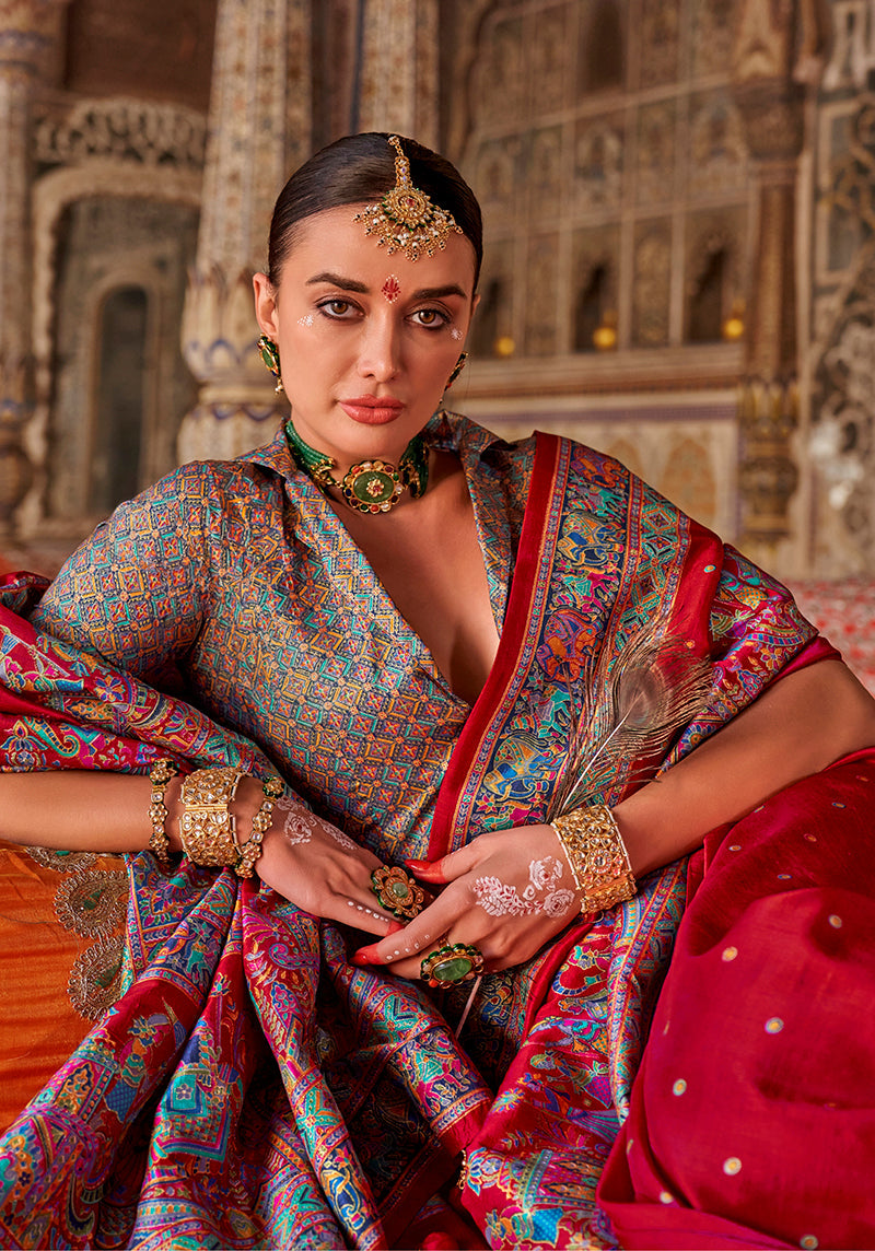 Monjolika Fashion Crimson Red Printed Silk Blend Embellished Saree | Grocsy