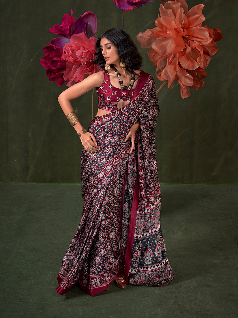 Monjolika Fashion Black Satin Crepe Printed Contemporary Saree | Grocsy