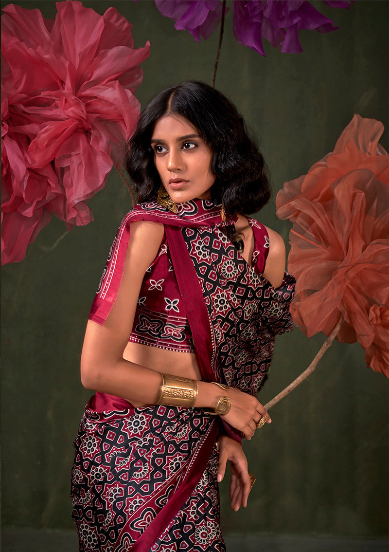 Monjolika Fashion Black Satin Crepe Printed Contemporary Saree | Grocsy