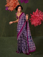 Monjolika Fashion Navy Blue Satin Crepe Printed Contemporary Saree | Grocsy