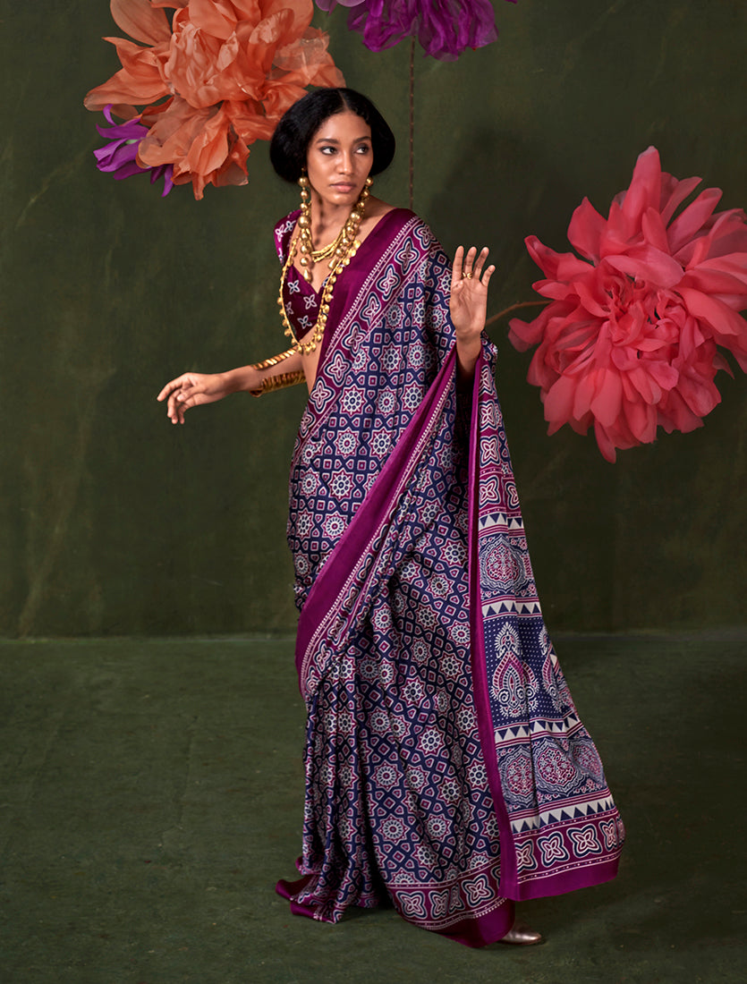 Monjolika Fashion Navy Blue Satin Crepe Printed Contemporary Saree | Grocsy