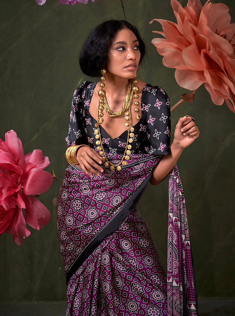 Monjolika Fashion Purple Satin Crepe Printed Contemporary Saree | Grocsy