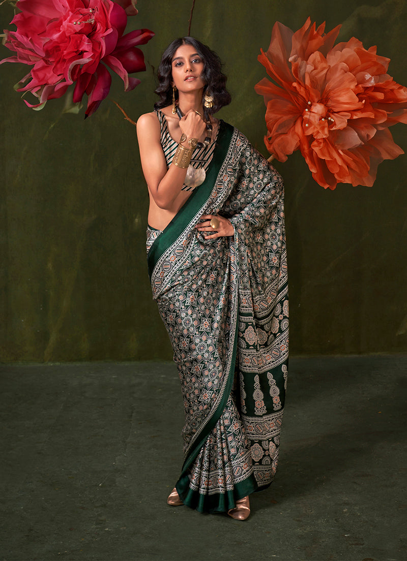 Monjolika Fashion Dark Green Satin Crepe Printed Contemporary Saree | Grocsy