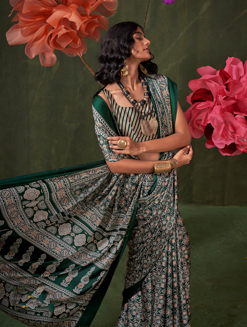 Monjolika Fashion Dark Green Satin Crepe Printed Contemporary Saree | Grocsy