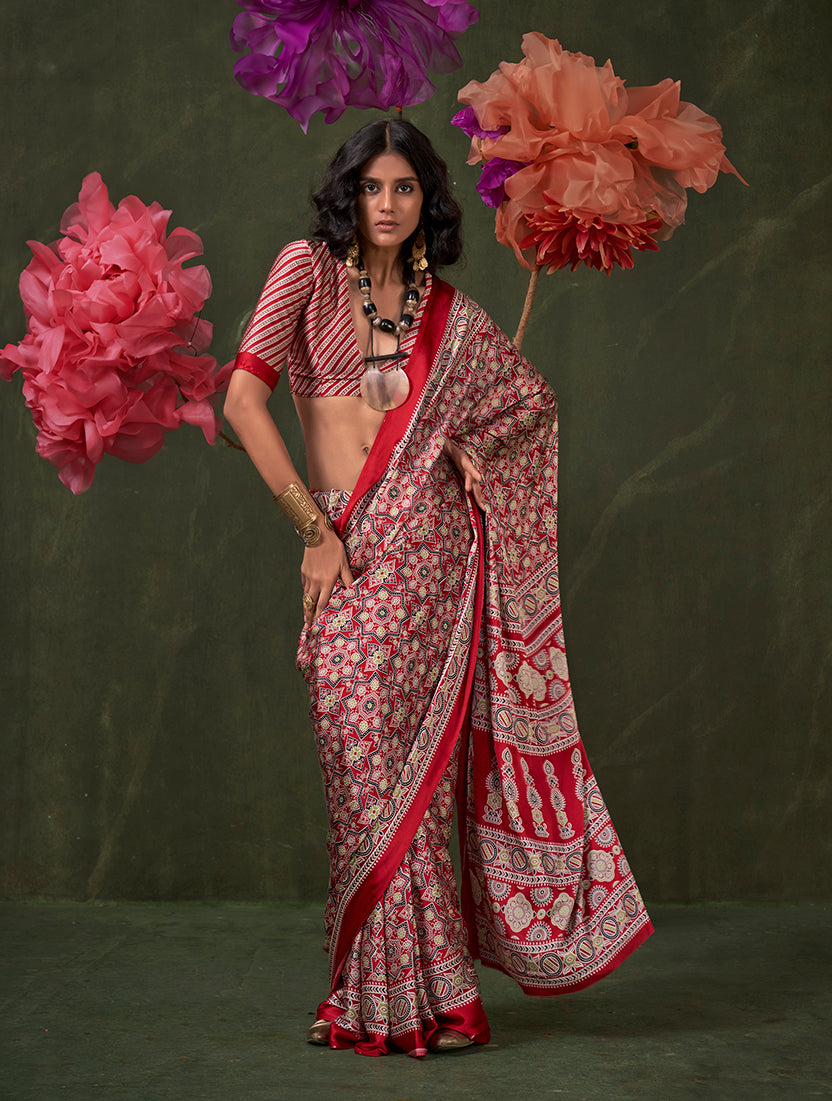 Monjolika Fashion Red Satin Crepe Printed Contemporary Saree | Grocsy