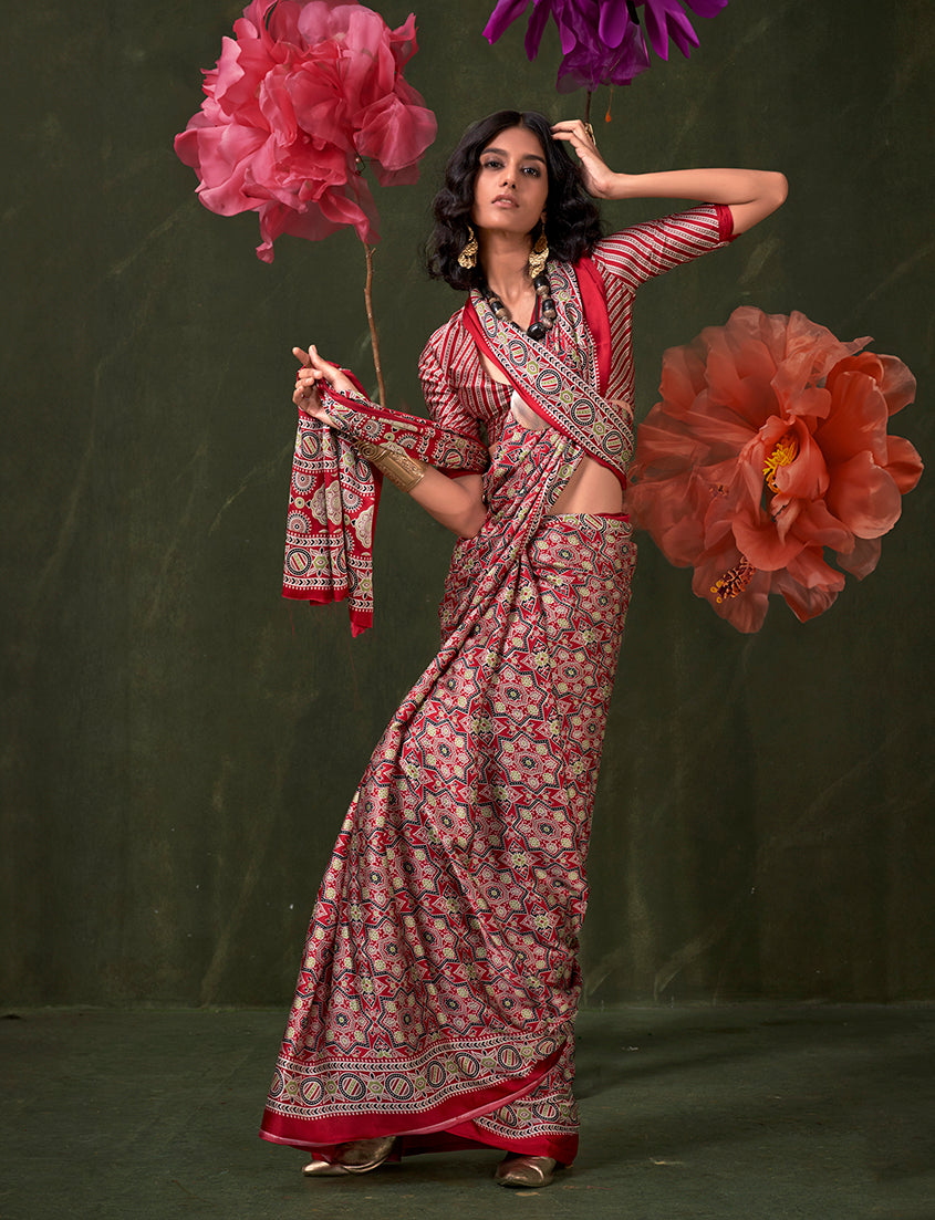 Monjolika Fashion Red Satin Crepe Printed Contemporary Saree | Grocsy