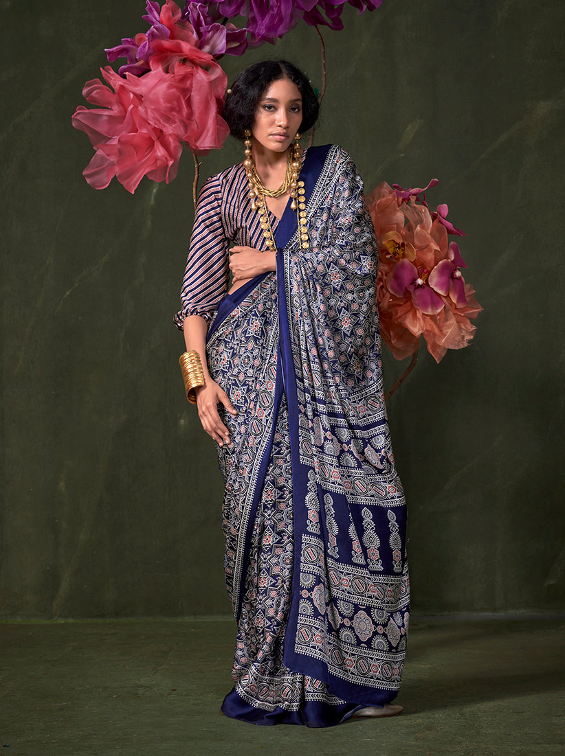 Monjolika Fashion Blue Satin Crepe Printed Contemporary Saree | Grocsy