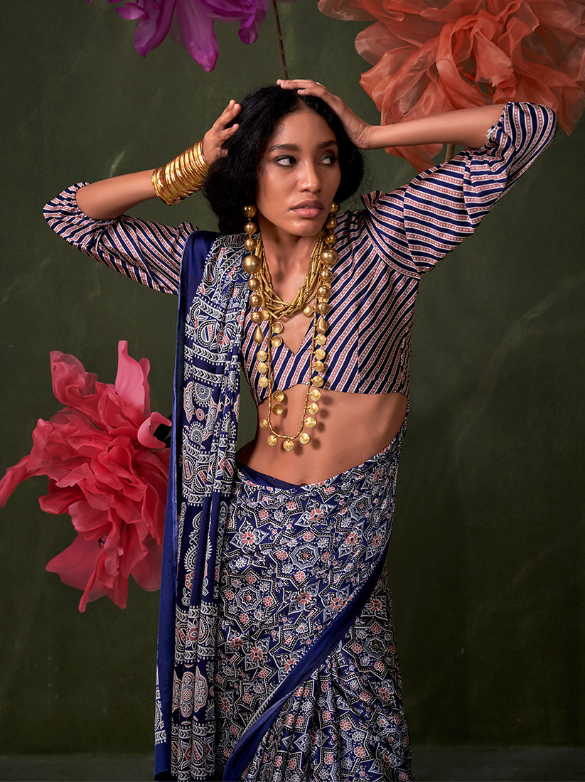 Monjolika Fashion Blue Satin Crepe Printed Contemporary Saree | Grocsy