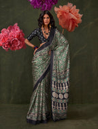 Monjolika Fashion Green Satin Crepe Printed Contemporary Saree | Grocsy