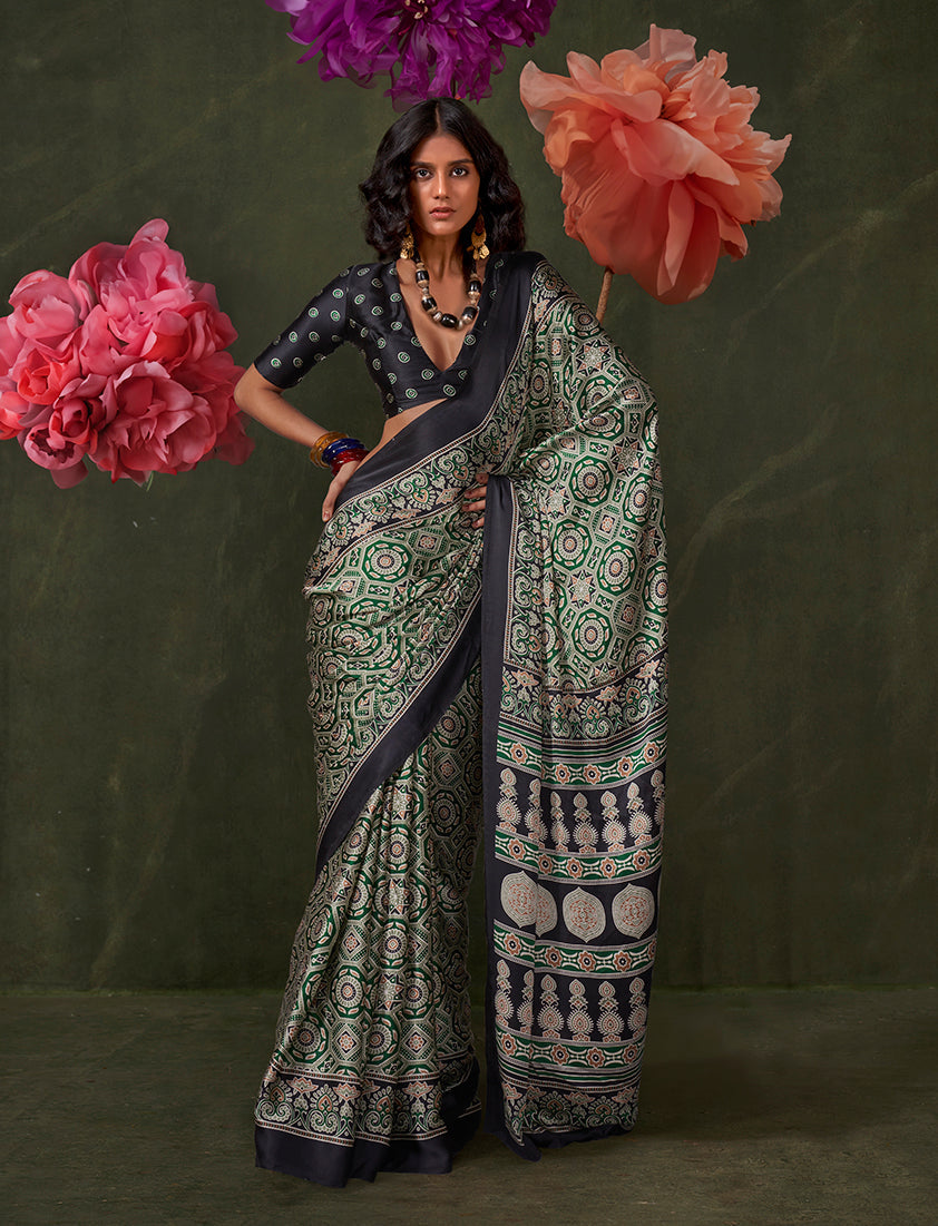 Monjolika Fashion Green Satin Crepe Printed Contemporary Saree | Grocsy
