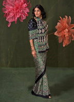 Monjolika Fashion Green Satin Crepe Printed Contemporary Saree | Grocsy