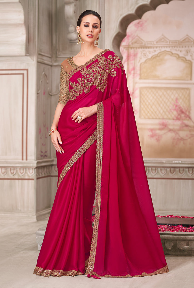Monjolika Fashion Rani Pink Embroidered Sequins Satin Silk Classic Saree | Grocsy