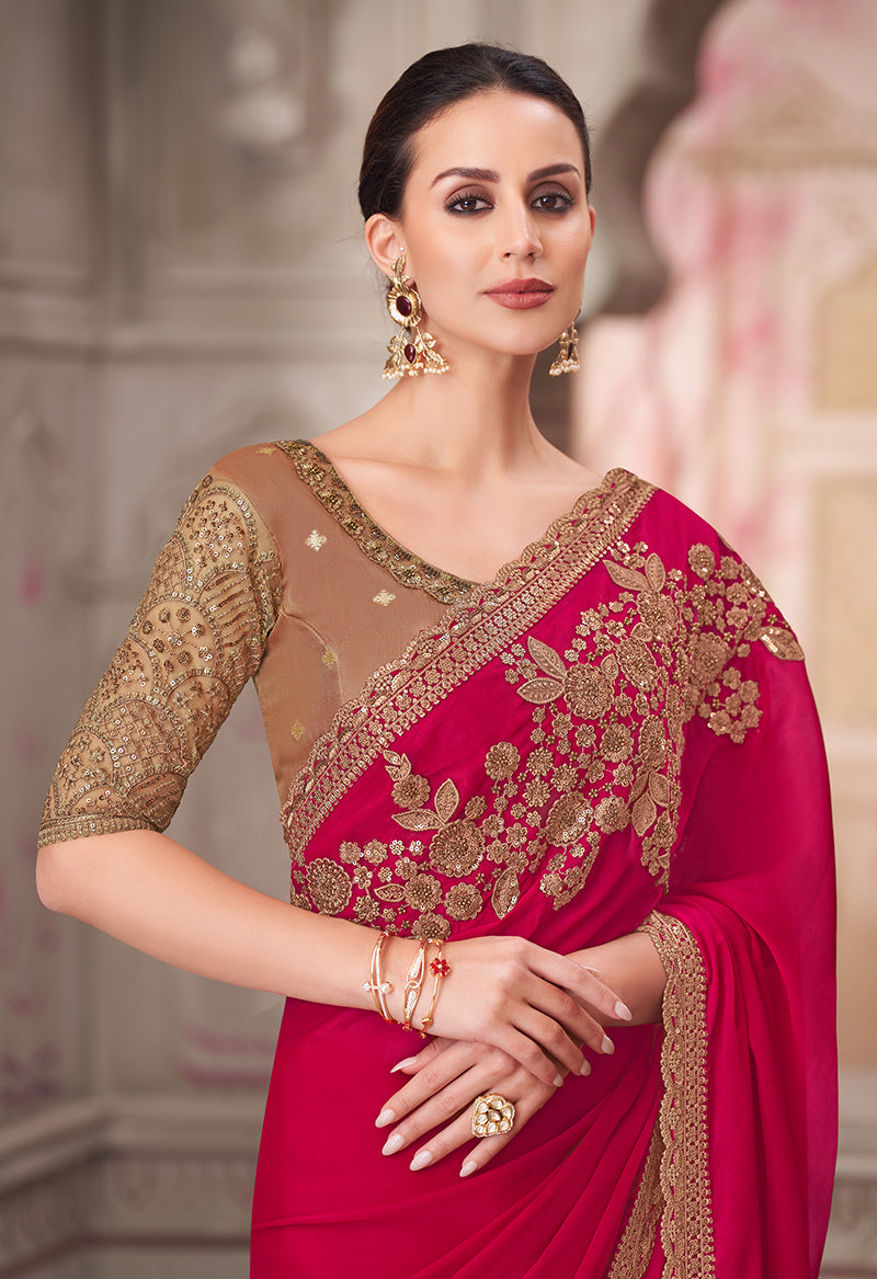 Monjolika Fashion Rani Pink Embroidered Sequins Satin Silk Classic Saree | Grocsy
