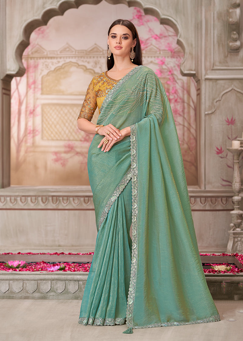 Monjolika Fashion Sea Green Embroidered Sequins And Stone Work Satin Silk Contemporary Saree | Grocsy