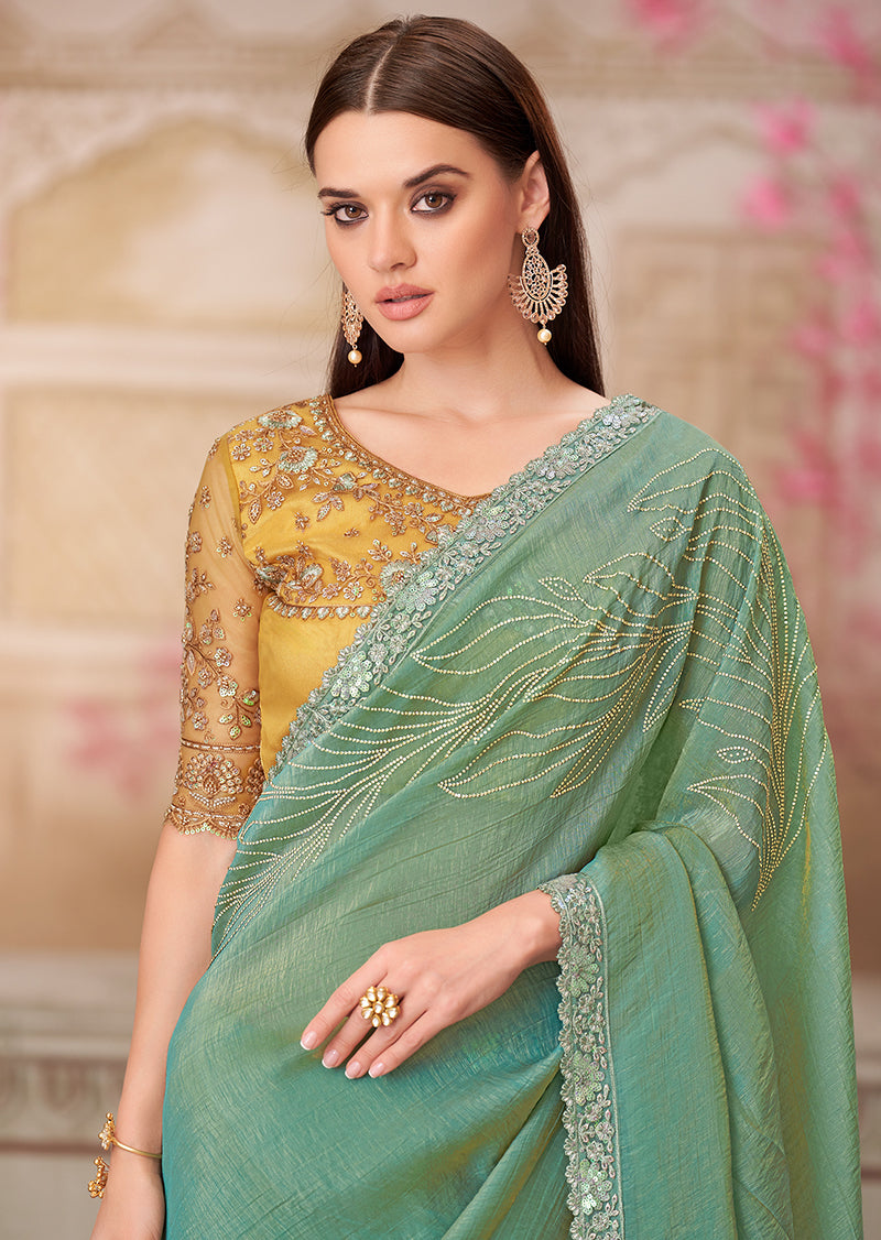 Monjolika Fashion Sea Green Embroidered Sequins And Stone Work Satin Silk Contemporary Saree | Grocsy