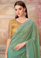 Monjolika Fashion Sea Green Embroidered Sequins And Stone Work Satin Silk Contemporary Saree | Grocsy
