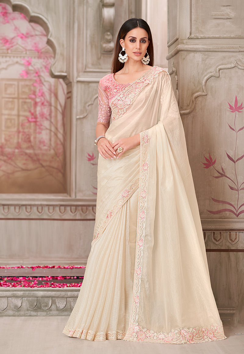 Monjolika Fashion Embroidered Satin Silk Off White Designer Saree | Grocsy