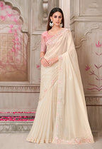 Monjolika Fashion Embroidered Satin Silk Off White Designer Saree | Grocsy