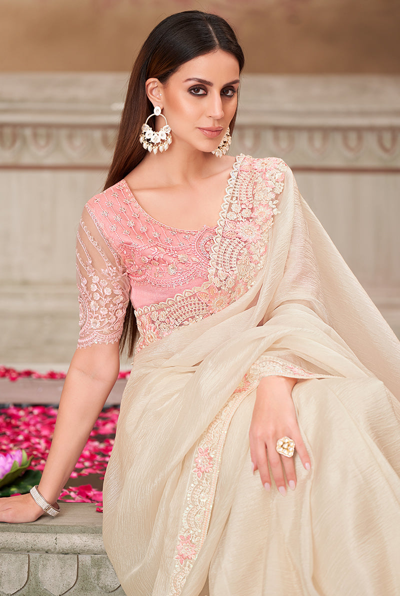 Monjolika Fashion Embroidered Satin Silk Off White Designer Saree | Grocsy