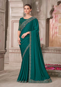 Monjolika Fashion Teal Green Satin Silk Embroidered Sequins Traditional Saree | Grocsy