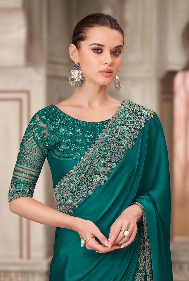 Monjolika Fashion Teal Green Satin Silk Embroidered Sequins Traditional Saree | Grocsy