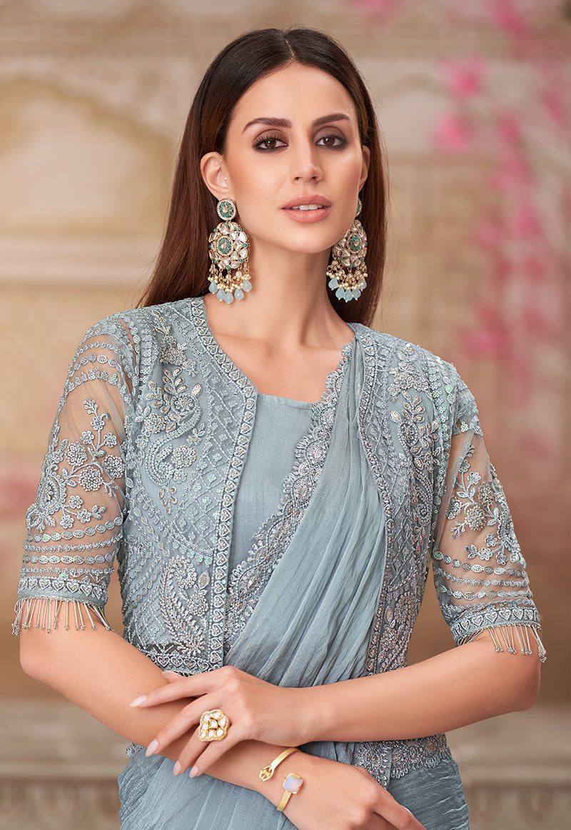 Monjolika Fashion Grey Embroidered Georgette Trendy Saree | Grocsy