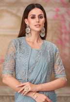 Monjolika Fashion Grey Embroidered Georgette Trendy Saree | Grocsy