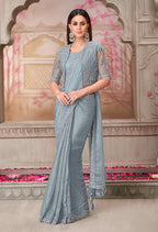 Monjolika Fashion Grey Embroidered Georgette Trendy Saree | Grocsy