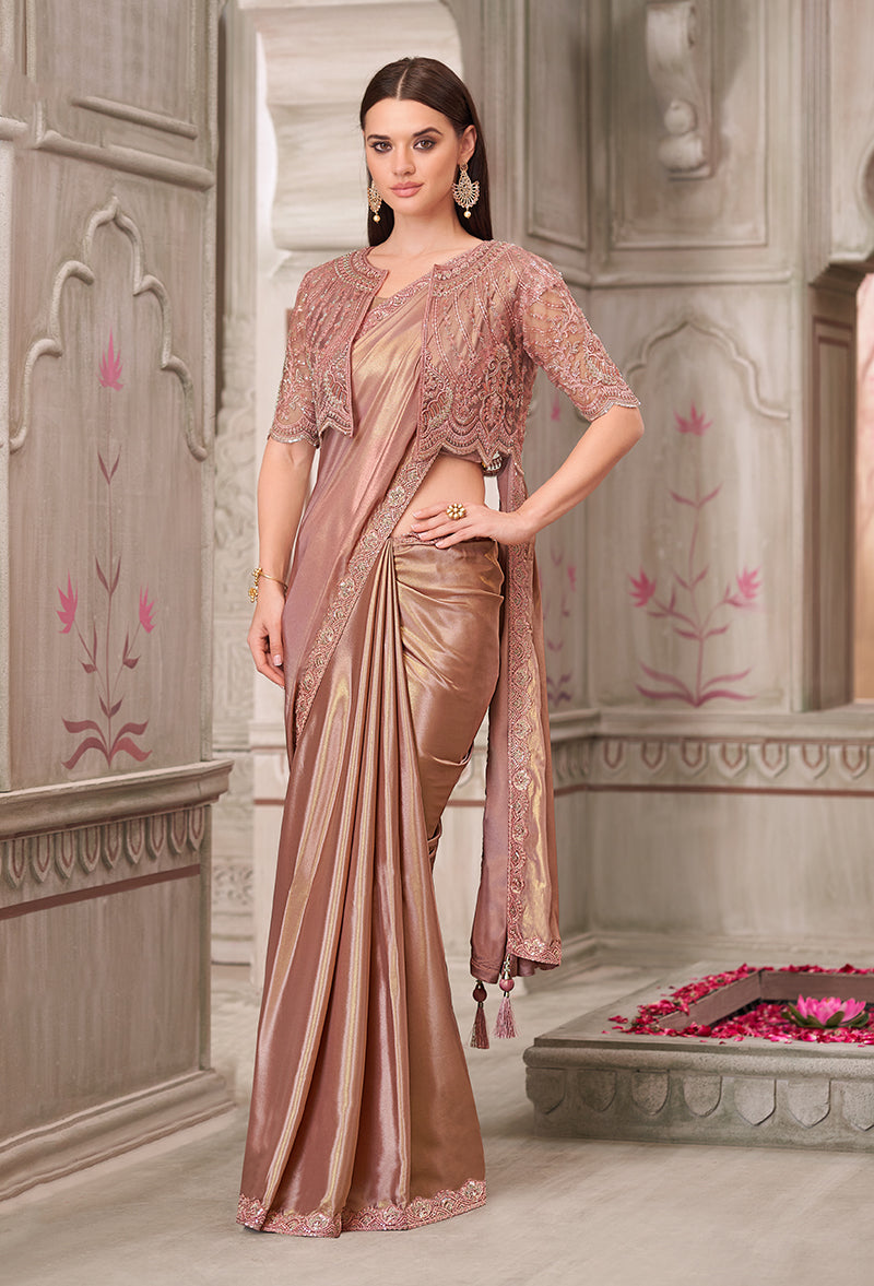 Monjolika Fashion Embroidered Brown Shimmer Satin Silk Classic Saree | Grocsy