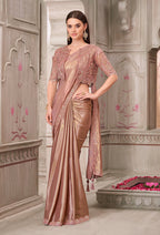Monjolika Fashion Embroidered Brown Shimmer Satin Silk Classic Saree | Grocsy