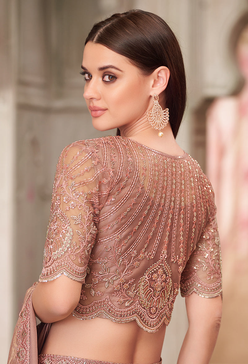 Monjolika Fashion Embroidered Brown Shimmer Satin Silk Classic Saree | Grocsy